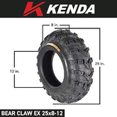 Kenda Bearclaw EVO K592 - 25x8-12 Front Tire for All Terrain (ATV), UTV, and Side by Side (SxS) Vehicles - 6-Ply - Bear Claw EVO 25x8x12 with Kenda Keychain